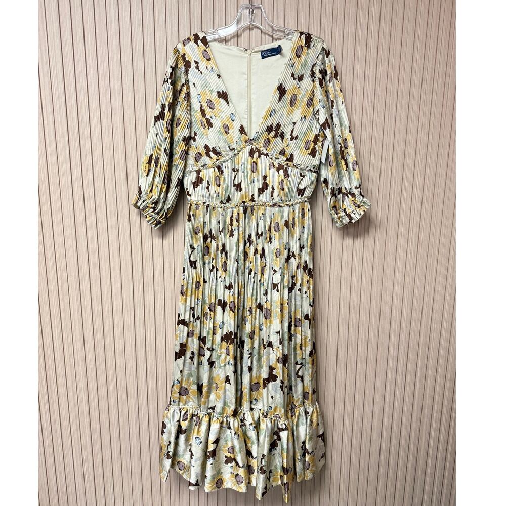 Polo by Ralph Lauren Fit & Flare Floral Pleated Satin Midi Dress Size 4